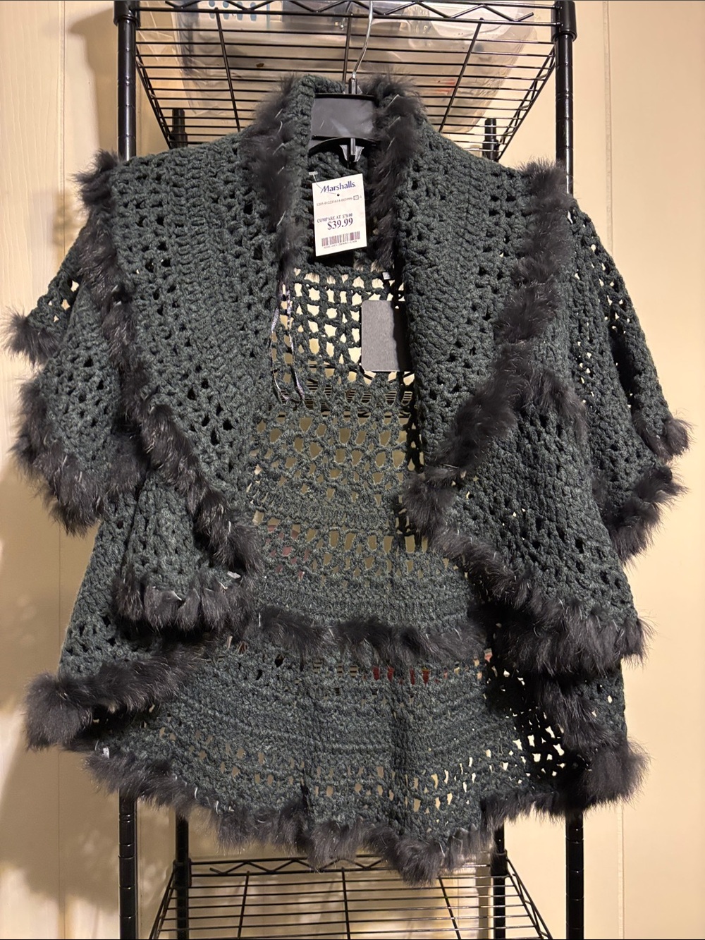 Marshalls Black Crochet Poncho with Faux-Fur Trim